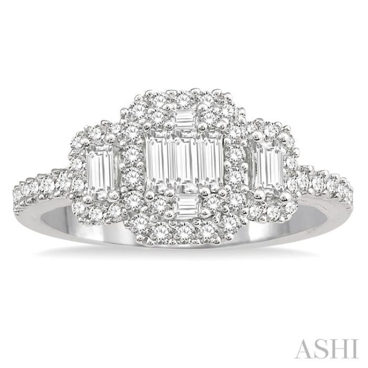 3/4 Ctw Layered Round Cut and Baguette Diamond Ring in 14K White Gold