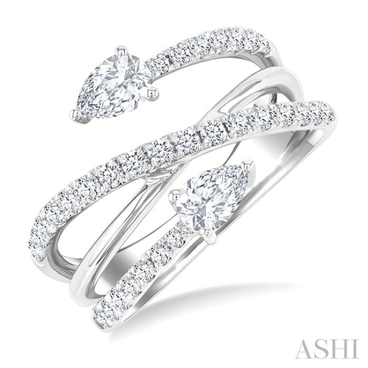 1 Ctw East West Pear and Round Cut Diamond Split Open-End Fashion Ring in 14K White Gold
