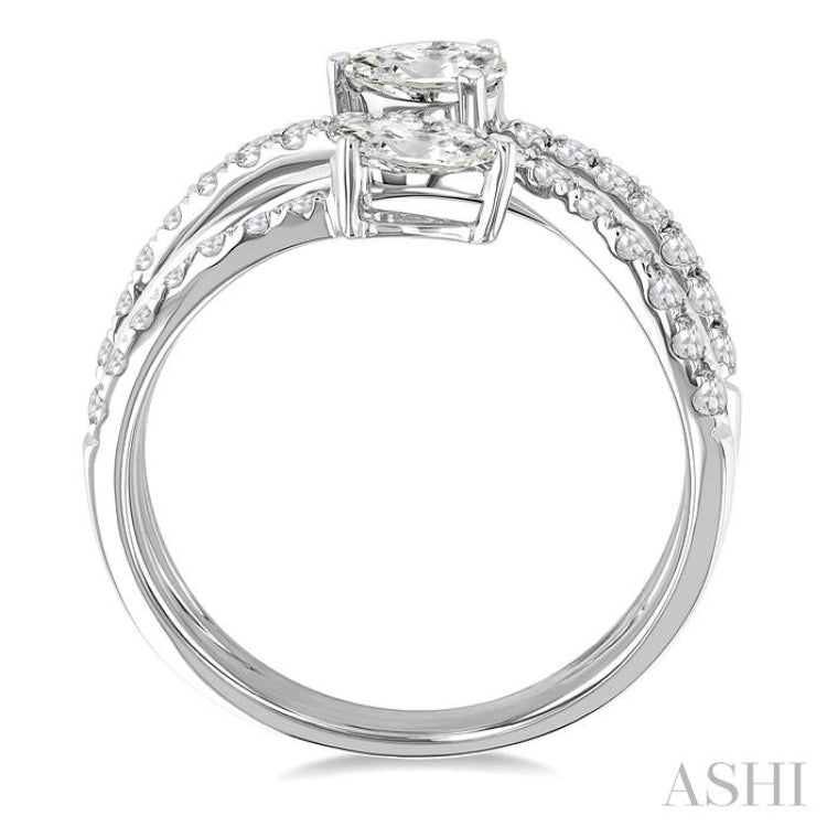 1 Ctw East West Pear and Round Cut Diamond Split Open-End Fashion Ring in 14K White Gold
