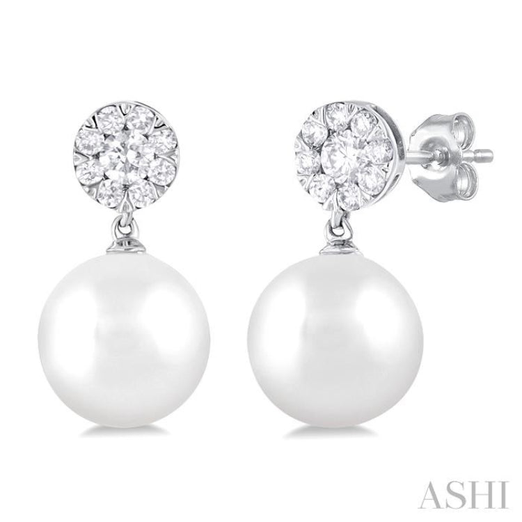 7 MM Cultured White Pearl and 1/4 Ctw Disc Top Lovebright Round Cut Diamond Fashion Earrings in 10K White Gold