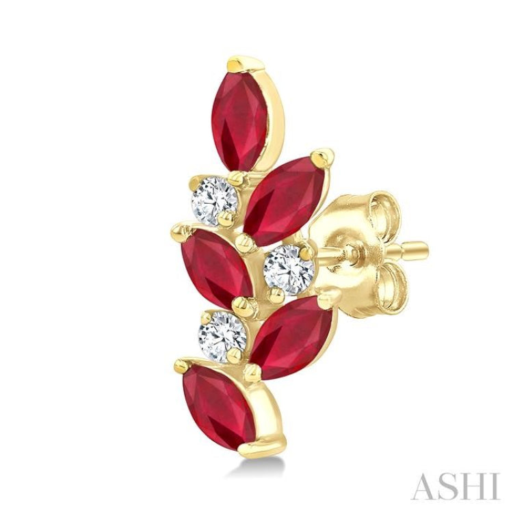 4X2 MM Marquise Shape Ruby and 1/6 Ctw Round Cut Diamond Zig-Zag Precious Earrings in 14K Yellow Gold