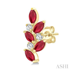 4X2 MM Marquise Shape Ruby and 1/6 Ctw Round Cut Diamond Zig-Zag Precious Earrings in 14K Yellow Gold