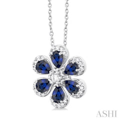 4X3 MM Floral Blossom Pear Cut Sapphire and 1/6 Ctw Round Cut Diamond Precious Pendant With Chain in 14K White Gold