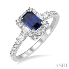 6x4 MM Octagon Cut Sapphire and 1/2 Ctw Round Cut Diamond Precious Ring in 14K White Gold