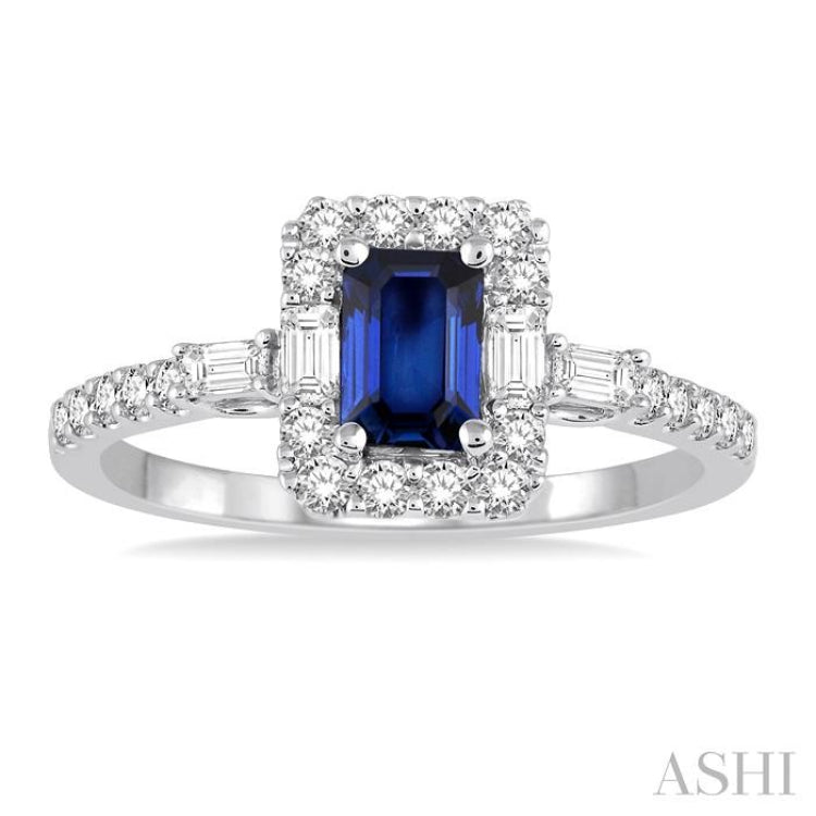 6x4 MM Octagon Cut Sapphire and 1/2 Ctw Round Cut Diamond Precious Ring in 14K White Gold