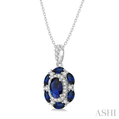 6x4 MM Oval Cut & 4x2 MM Marquise Cut Sapphire and 1/6 Ctw Round Cut Diamond Precious Pendant With Chain in 14K White Gold