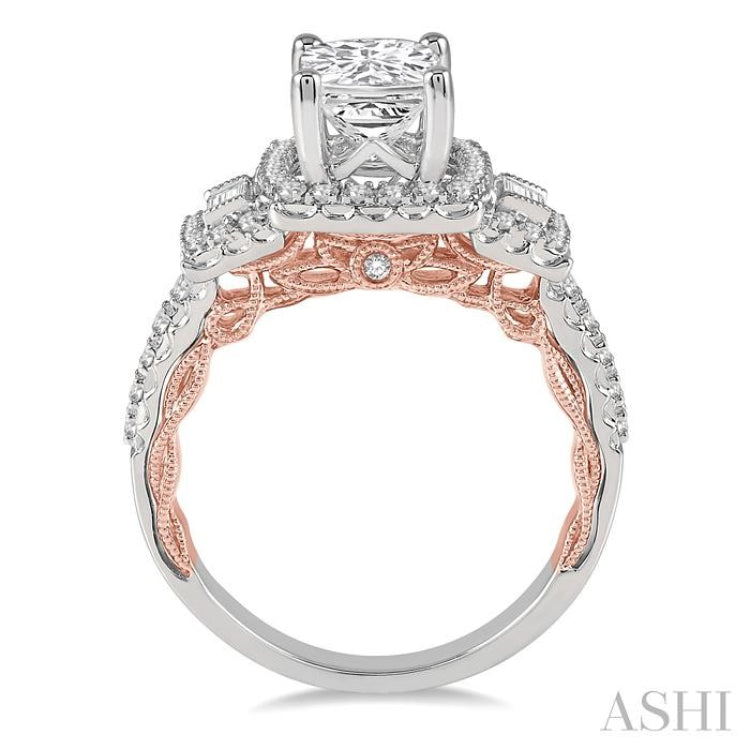 5/8 Ctw Cushion Shape Semi-Mount Baguette and Round Cut Diamond Engagement Ring in 14K White and Rose Gold