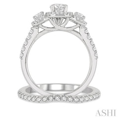1 1/4 Ctw Diamond Wedding Set With 1 Ct Triple Cushion Shape Past, Present & Future Engagement Ring and 1/4 Ct Curved Wedding Band in 14K White Gold