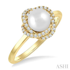 6 MM Cultured Pearl and 1/6 Ctw Round Cut Diamond Petite Fashion Ring in 10K Yellow Gold