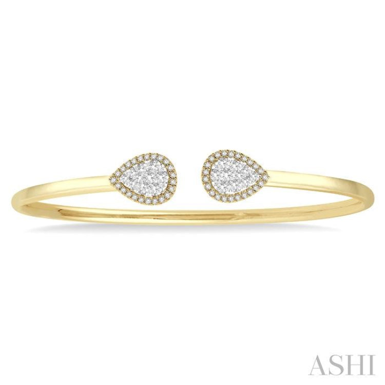 5/8 Ctw Pear Shape Lovebright Open Cuff Diamond Bangle in 14K Yellow and White Gold