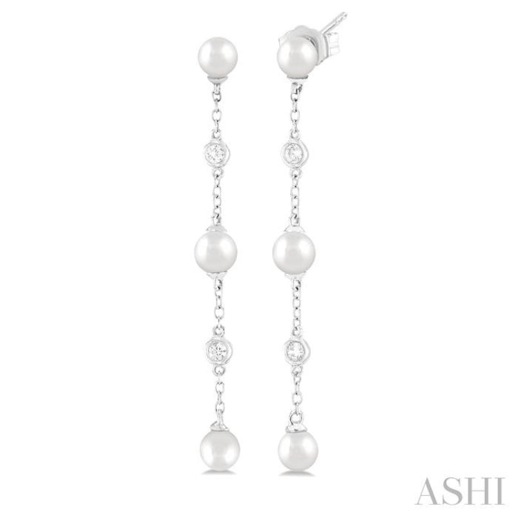 4 MM Round Shape Cultured Pearls and 1/20 Ctw Round Cut Diamond Station Long Earring in 14K White Gold