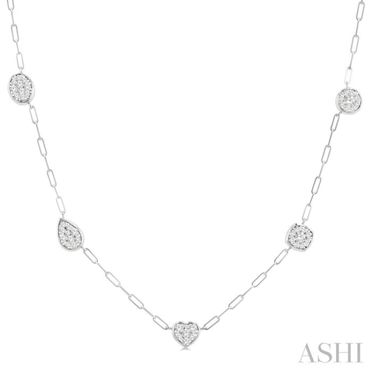 3/4 Ctw Lovebright Mixed Shape Mount Round Cut Diamond Station Necklace in 14K White Gold