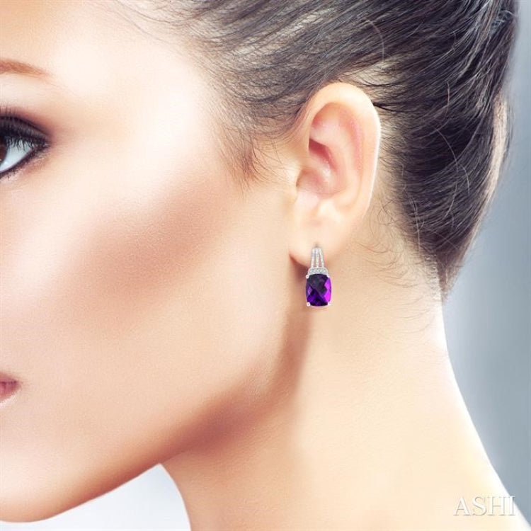 9x7 MM Cushion Shape Amethyst and 1/50 Ctw Looped Round Cut Diamond Semi-Precious Earring in Sterling Silver