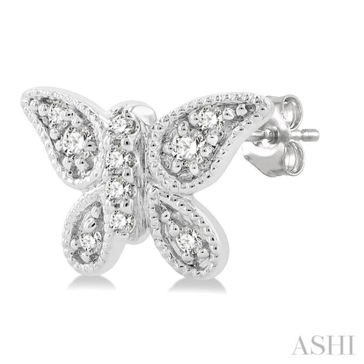 1/10 Ctw Petite Milgrain Butterfly Round Cut Diamond Fashion Stud Earrings in 10K White Gold