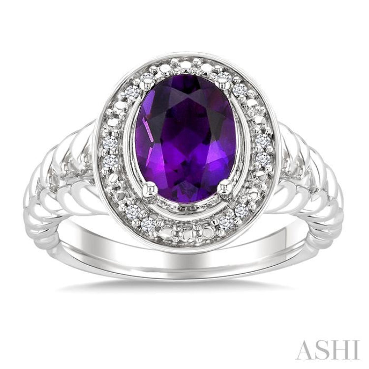 9x7 MM Oval Shape Amethyst and 1/20 Ctw Round Cut Diamond Semi-precious Ring in Sterling Silver