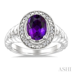 9x7 MM Oval Shape Amethyst and 1/20 Ctw Round Cut Diamond Semi-precious Ring in Sterling Silver