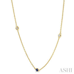 2.25 MM Sapphire and 1/4 Ctw Round Cut Diamond Precious Station Necklace in 14K Yellow Gold