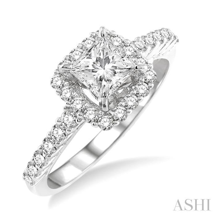 1 1/4 Ctw Diamond Engagement Ring with 3/4 Ct Princess Cut Center Stone in 14K White Gold