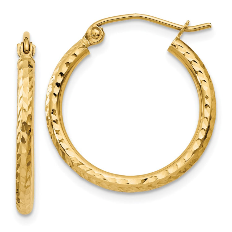 14k 2x20mm Diamond-cut Round Tube Hoop Earrings
