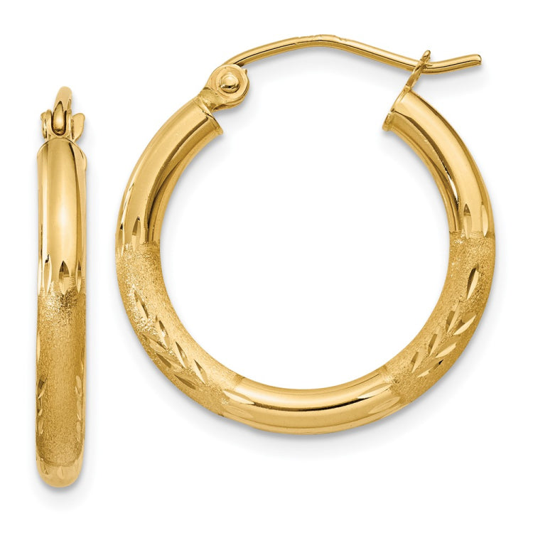 14k 2.5x20mm Satin Diamond-cut Round Tube Hoop Earrings