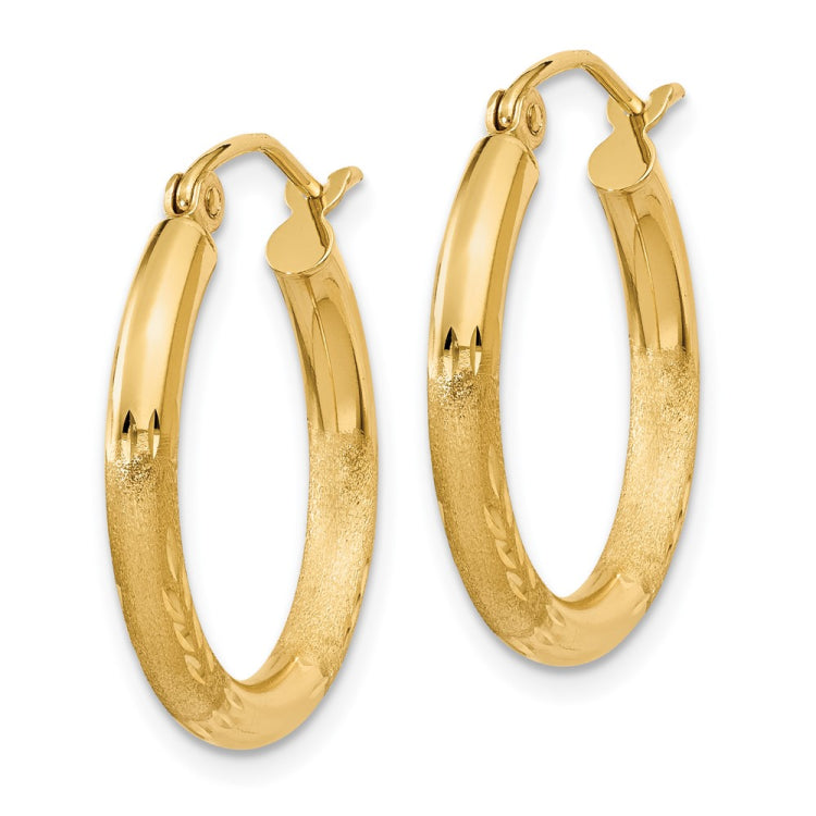 14k 2.5x20mm Satin Diamond-cut Round Tube Hoop Earrings