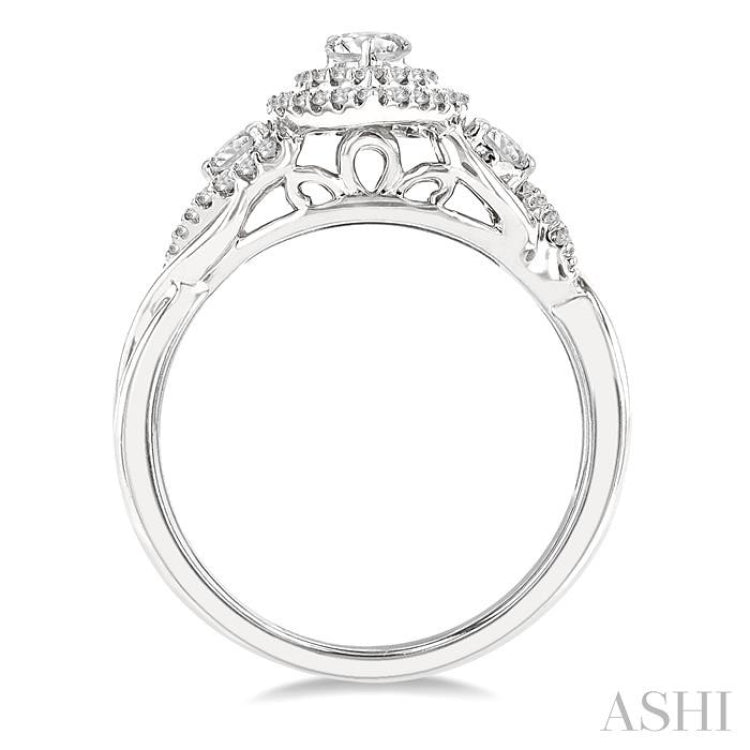 5/8 Ctw Split Twisted Shank Round Cut Diamond Engagement Ring With 1/4 Ct Pear Cut Center Stone in 14K White Gold