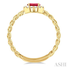 5x3 MM Oval Cut Ruby and 1/10 Ctw Curb & Cuban Link East-West Round Cut Diamond Halo Precious Ring in 10K Yellow Gold