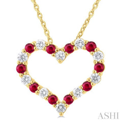 1.80 MM Round Cut Ruby and 1/4 Ctw Open Heart Round Cut Diamond Precious Fashion Pendant With Chain in 14K Yellow Gold