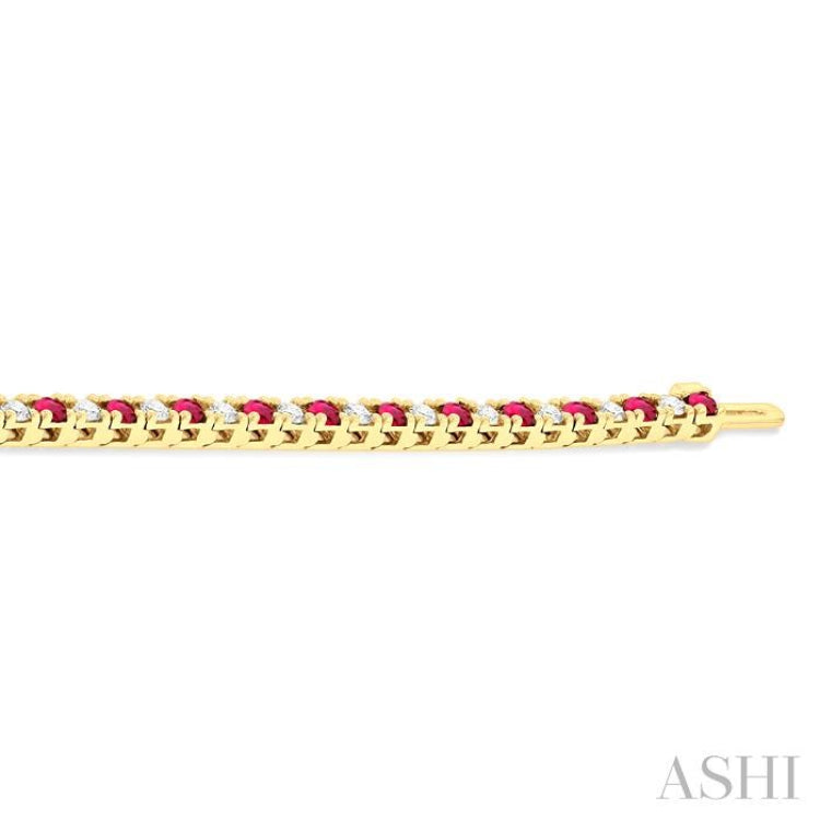 2.5 MM Ruby and 1 1/2 Ctw Round Cut Diamond Square Box Link Precious Tennis Bracelet in 14K Yellow Gold