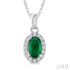 5x3 MM Oval Shape Emerald and 1/20 Ctw Round Cut Diamond Halo Precious Pendant with Chain in 10K White Gold