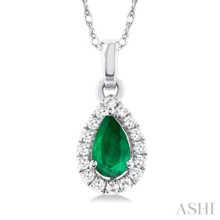 5x3 MM Pear Shape Emerald and 1/20 Ctw Single Cut Diamond Halo Precious Pendant with Chain in 10K White Gold