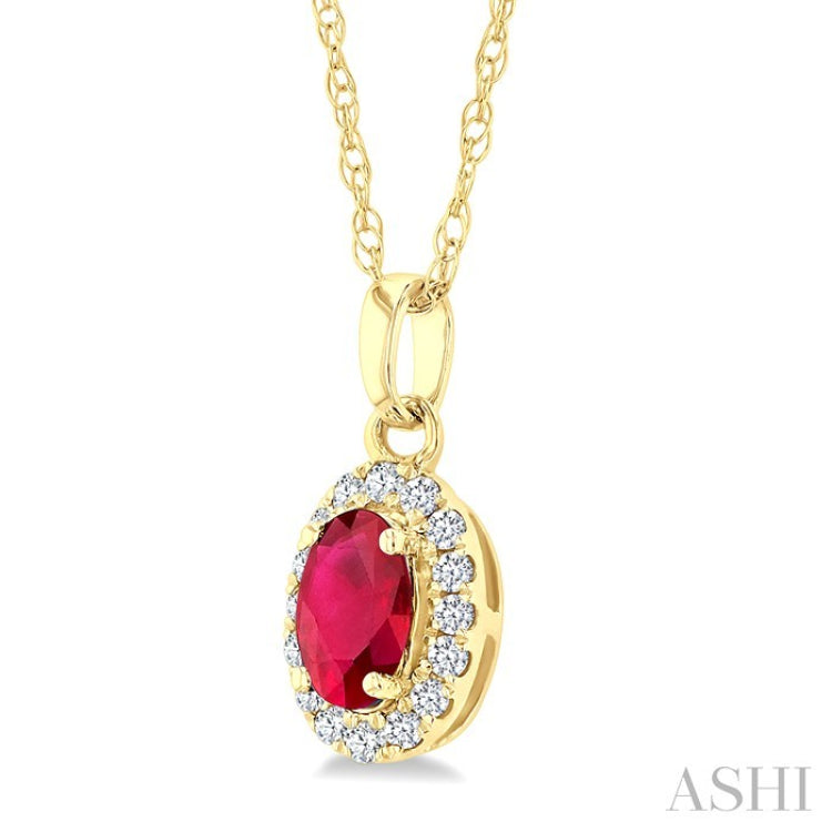 5x3 MM Oval Shape Ruby and 1/20 Ctw Round Cut Diamond Halo Precious Pendant with Chain in 10K Yellow Gold