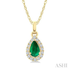 5x3 MM Pear Shape Emerald and 1/20 Ctw Round Cut Diamond Halo Precious Pendant with Chain in 10K Yellow Gold