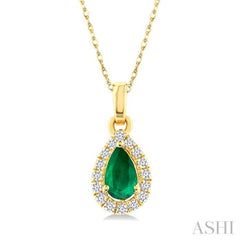 5x3 MM Pear Shape Emerald and 1/20 Ctw Round Cut Diamond Halo Precious Pendant with Chain in 10K Yellow Gold