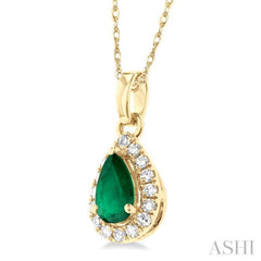 5x3 MM Pear Shape Emerald and 1/20 Ctw Round Cut Diamond Halo Precious Pendant with Chain in 10K Yellow Gold