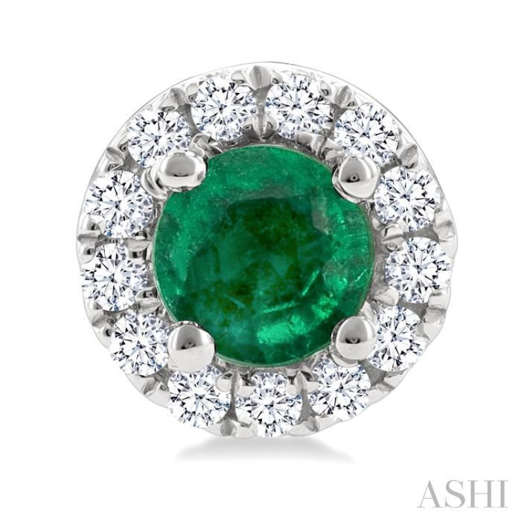 3.25 MM Round Emerald and 1/10 Ctw Round Cut Diamond Halo Precious Stud Earrings in 14K White Gold