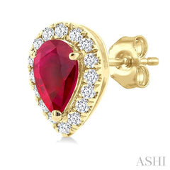 5x3 MM Pear Shape Ruby and 1/8 Ctw Round Cut Diamond Halo Precious Stud Earrings in 10K Yellow Gold