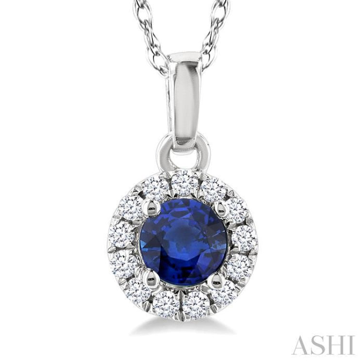 3.25 MM Round Sapphire and 1/20 Ctw Round Cut Diamond Halo Precious Pendant with Chain in 10K White Gold