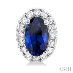 5x3 MM Oval Shape Sapphire and 1/8 Ctw Single Cut Diamond Halo Precious Stud Earrings in 10K White Gold