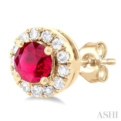 3.25 MM Round Ruby and 1/10 Ctw Single Cut Diamond Halo Precious Stud Earrings in 10K Yellow Gold