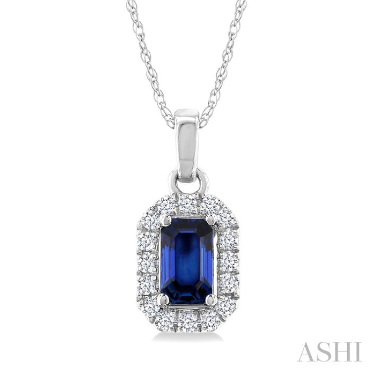 5x3 MM Octagonal Shape Sapphire and 1/20 Ctw Round Cut Diamond Halo Precious Pendant with Chain in 10K White Gold