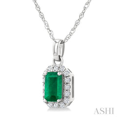 5x3 MM Octagonal Shape Emerald and 1/20 Ctw Round Cut Diamond Halo Precious Pendant with Chain in 10K White Gold