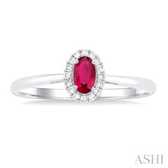 5x3 MM Oval Shape Ruby and 1/20 Ctw Round Cut Diamond Halo Precious Ring in 10K White Gold