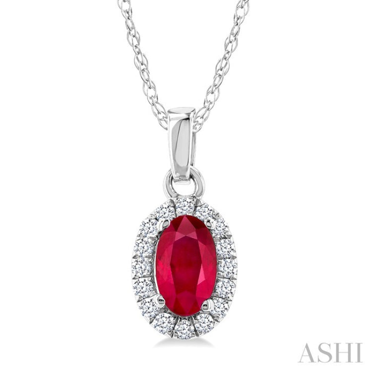 5x3 MM Oval Shape Ruby and 1/20 Ctw Round Cut Diamond Halo Precious Pendant with Chain in 14K White Gold