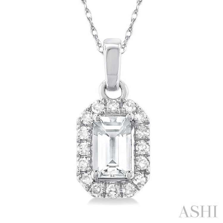 5x3 MM Octagonal Shape White Topaz and 1/20 Ctw Single Cut Diamond Halo Semi-Precious Pendant with Chain in 10K White Gold