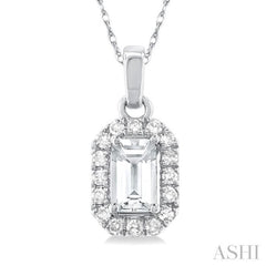 5x3 MM Octagonal Shape White Topaz and 1/20 Ctw Single Cut Diamond Halo Semi-Precious Pendant with Chain in 10K White Gold