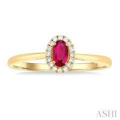 5x3 MM Oval Shape Ruby and 1/20 Ctw Round Cut Diamond Halo Precious Ring in 10K Yellow Gold