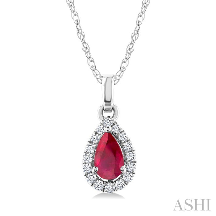 5x3 MM Pear Shape Ruby and 1/20 Ctw Round Cut Diamond Halo Precious Pendant with Chain in 10K White Gold