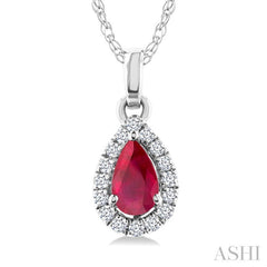 5x3 MM Pear Shape Ruby and 1/20 Ctw Round Cut Diamond Halo Precious Pendant with Chain in 10K White Gold