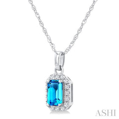 5x3 MM Octagonal Shape Blue Topaz and 1/20 Ctw Round Cut Diamond Halo Semi-Precious Pendant with Chain in 10K White Gold